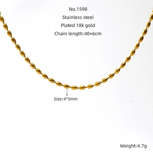 Detail of 18K gold plated stainless steel oval bead chain necklace with size dimensions