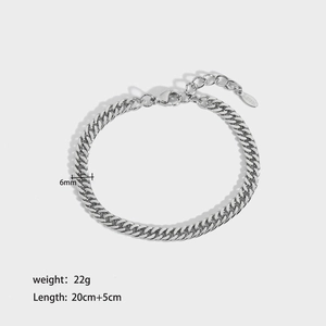 Detail shot of 6mm thick stainless steel Cuban chain bracelet with dimensions and weight specs