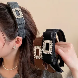 Vintage Wide Headband With Rhinestone Square Buckle Flocking Woolen Hair Hoop For Women Retro Elegant Headwear