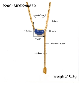 Detail view of blue oil drip bean pendant with Lucky tag and dimensions measurement