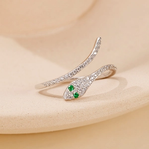 Elegant 925 sterling silver open snake ring with green zircon eyes and micro-pave setting