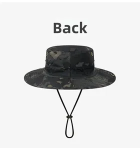 Back view of camouflage tactical boonie hat with metal eyelets and adjustable chin strap