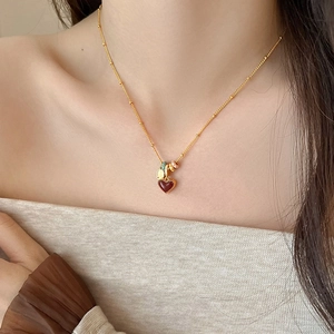 18k gold plated heart necklace with red shell pendant and bead chain for women