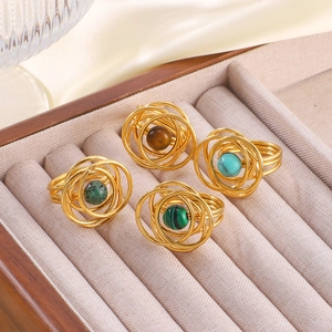 Retro multi-layer gold-plated rings set with tiger eye and turquoise gemstones