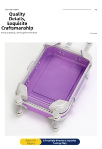 Detail view of the mini purple suitcase storage box with clear panel and rolling wheels
