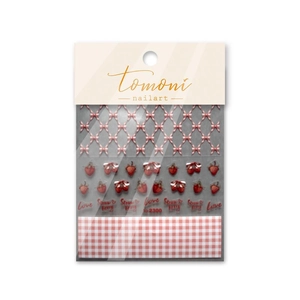 5D embossed nail stickers featuring cute red strawberries and bows with a lattice design