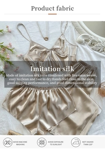 Champagne imitation silk pajama set including camisole top with shorts and long pants