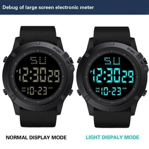 Dual display of men's digital sports watch showing standard view and backlit function