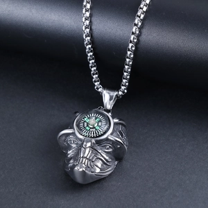 Punk style stainless steel necklace featuring a skull compass pendant on a thick link chain