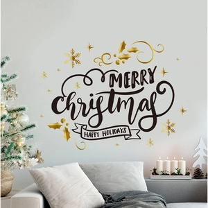Sticker mural de Noël avec lettrage noir et flocons dorés pour décoration de salon