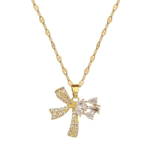 Luxurious titanium steel necklace with sparkling waterdrop butterfly pendant on white background