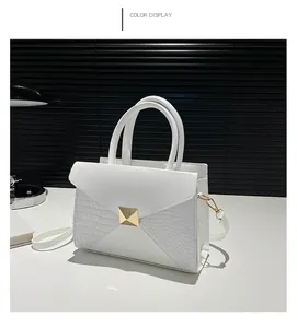 Macro detail of white crocodile pattern tote bag with gold buckle and smooth PU leather