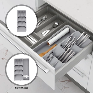 Expandable drawer organizer for kitchen cutlery and utensils with grey multi-slots