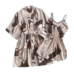 Champagne silk satin two-piece sleepwear set with leopard print robe and camisole dress