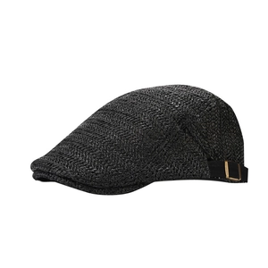 Adjustable black straw beret with breathable weave texture and golden metal buckle