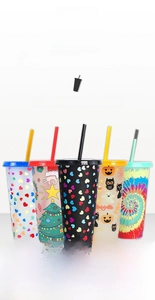 Set of five 710ml plastic cold color changing straw cups with festive holiday patterns