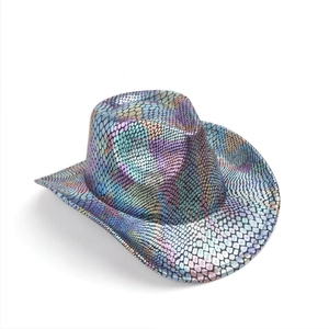 Macro shot of iridescent snakeskin pattern texture on western holographic cowboy hat