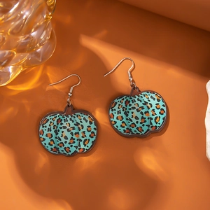 Leopard print pumpkin earrings in turquoise and brown for Halloween and Thanksgiving