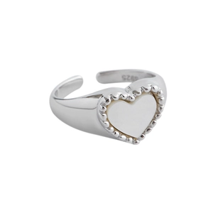 Elegant S925 sterling silver heart shell open ring with polished beaded edge for women