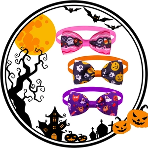 Three-piece Halloween pet bow tie set featuring ghost, pumpkin, and monster patterns