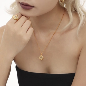 Evil Eye Necklace And Ring Titanium Steel PVD 18K Gold Plated Cubic Zirconia Square Pendant Jewelry For Women