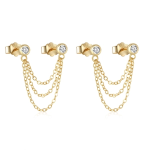 Detail of 925 silver gold chain earrings featuring sparkling zircon and S925 hallmark