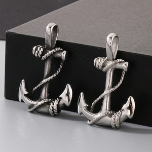 Mens stainless steel anchor pendants with rope texture detail in a vintage silver finish