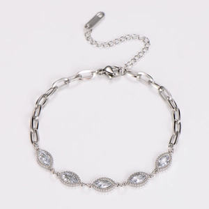 Detail of silver chain bracelet with five marquise-cut cubic zirconia and adjustable clasp