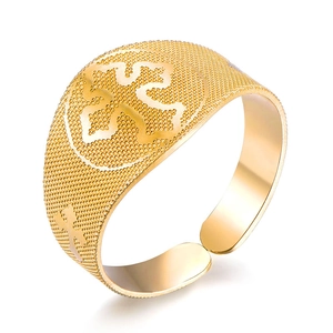 Vintage 18K gold stainless steel cross ring with textured matte finish and open design