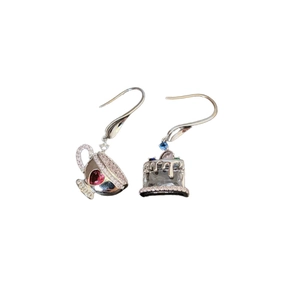 Asymmetric silver earrings with teacup and cake motifs featuring colorful zircon stones