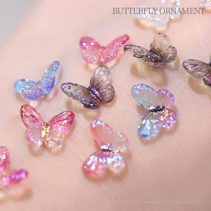 3D aurora resin butterfly nail charms with iridescent glitter for DIY manicure