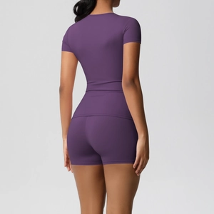 Rear view of purple seamless high-elastic yoga set with slim-fit short sleeve T-shirt and shorts