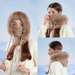 Women's 3-in-1 winter knit hat with faux fur trim and adjustable drawstring mask and scarf