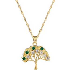Gold Tree of Life necklace with green and clear crystals on a flat link chain