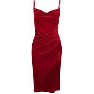 Elegant red velvet midi slip dress with slim fit, draped neckline and side slit