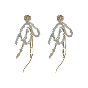 Silver needle bow tassel earrings with blue faux crystals in elegant dangling design