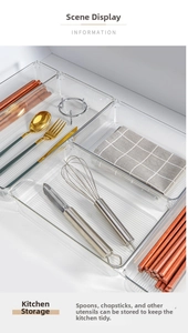 Detailed top view of transparent PET organizer showing anti-slip bottom and stored cutlery