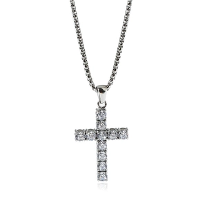 Polished silver titanium steel cross pendant necklace with clear cubic zirconia