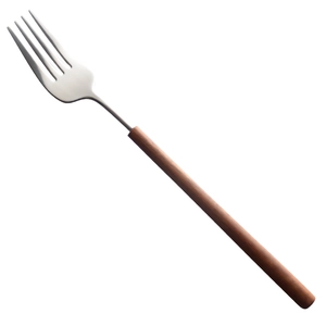 Nordic style 304 stainless steel dinner fork with dark brown pearwood handle on white background