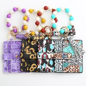 Silicone bead wristlet keychain with PU leather card wallet in four stylish patterns