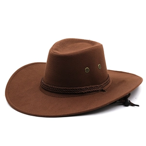 Classic brown western cowboy hat with woven band and adjustable chin strap on white background