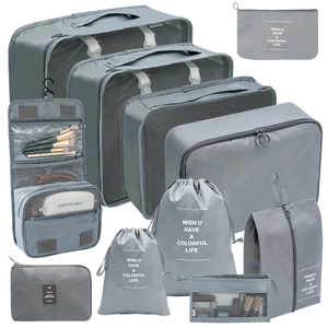 Gray 8-piece travel luggage organizer set with waterproof mesh bags and toiletry pouches