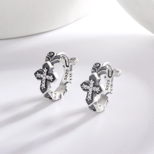 Gothic Cross Hoop Earrings 925 Sterling Silver Zirconia Inlaid Vintage Punk Style Jewelry For Men And Women