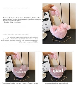 Pink heart-shaped plush bag with rainbow embroidery and removable gold chain strap