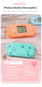 Close-up of mini handheld game console features, silicone buttons and key ring attachment
