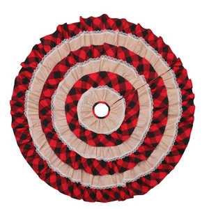 European Christmas tree skirt with red and black plaid linen ruffles and lace trim