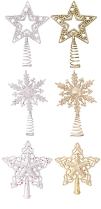 Glittery gold and silver Christmas tree toppers in star and snowflake designs