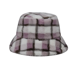 Detail of winter checkered plush bucket hat with thick faux fur in lilac and coffee