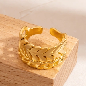 Minimalist double-layer 18K gold-plated irregular ring with leaf and chain design
