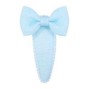 Close-up of light blue grosgrain ribbon bow hair clip with scalloped edge BB clip detail